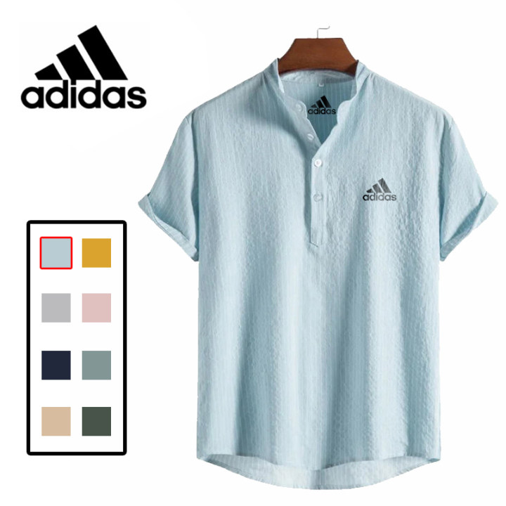 【1枚買うと1枚プレゼント】Adidas@2024 コットンリネンストライプスタンドカラーポロシャツ