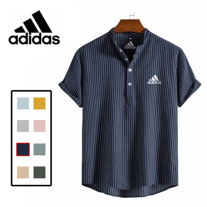 【1枚買うと1枚プレゼント】Adidas@2024 コットンリネンストライプスタンドカラーポロシャツ
